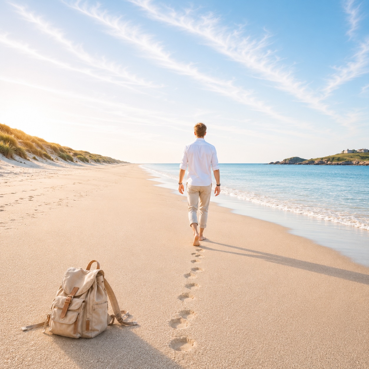 Person geht barfuß an einem ruhigen Strand entlang – Symbol für den Weg aus Burn-out, Erschöpfung und emotionaler Überlastung hin zu neuer Kraft und innerer Balance durch ursachenorientierte Hypnosetherapie.
