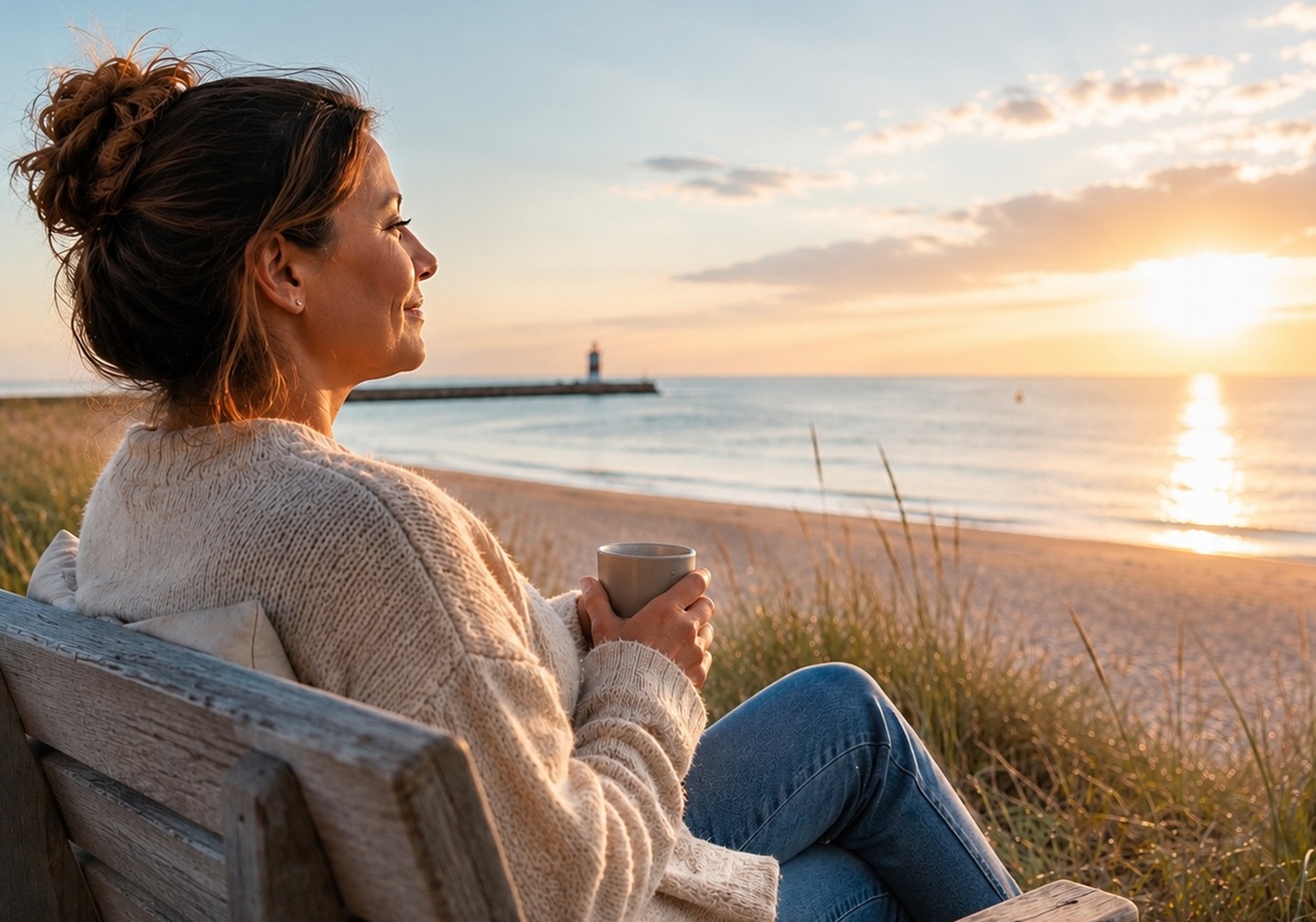 Frau genießt mit einer Tasse in der Hand entspannt den Blick auf das Meer – Symbol für die HypnoInjection als Alternative zur Abnehmspritze und für bewusstes Abnehmen in Cuxhaven.