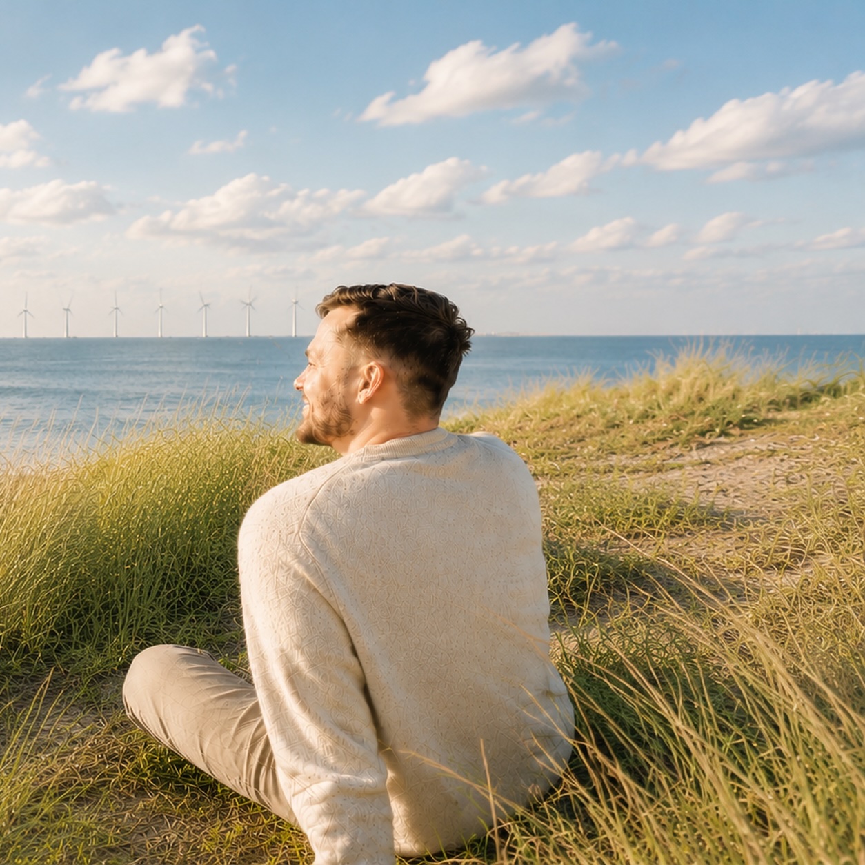 Mann genießt die frische Meeresluft in den Dünen – Symbol für freies Durchatmen, mehr Lebensqualität und Hypnose bei Allergien in Cuxhaven.