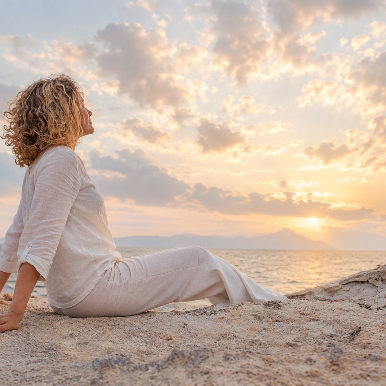 Frau sitzt entspannt auf Felsen am Meer und blickt in die Ferne – Symbol für Hoffnung und Linderung chronischer Schmerzen durch Hypnose im Hypnosezentrum Cuxhaven.