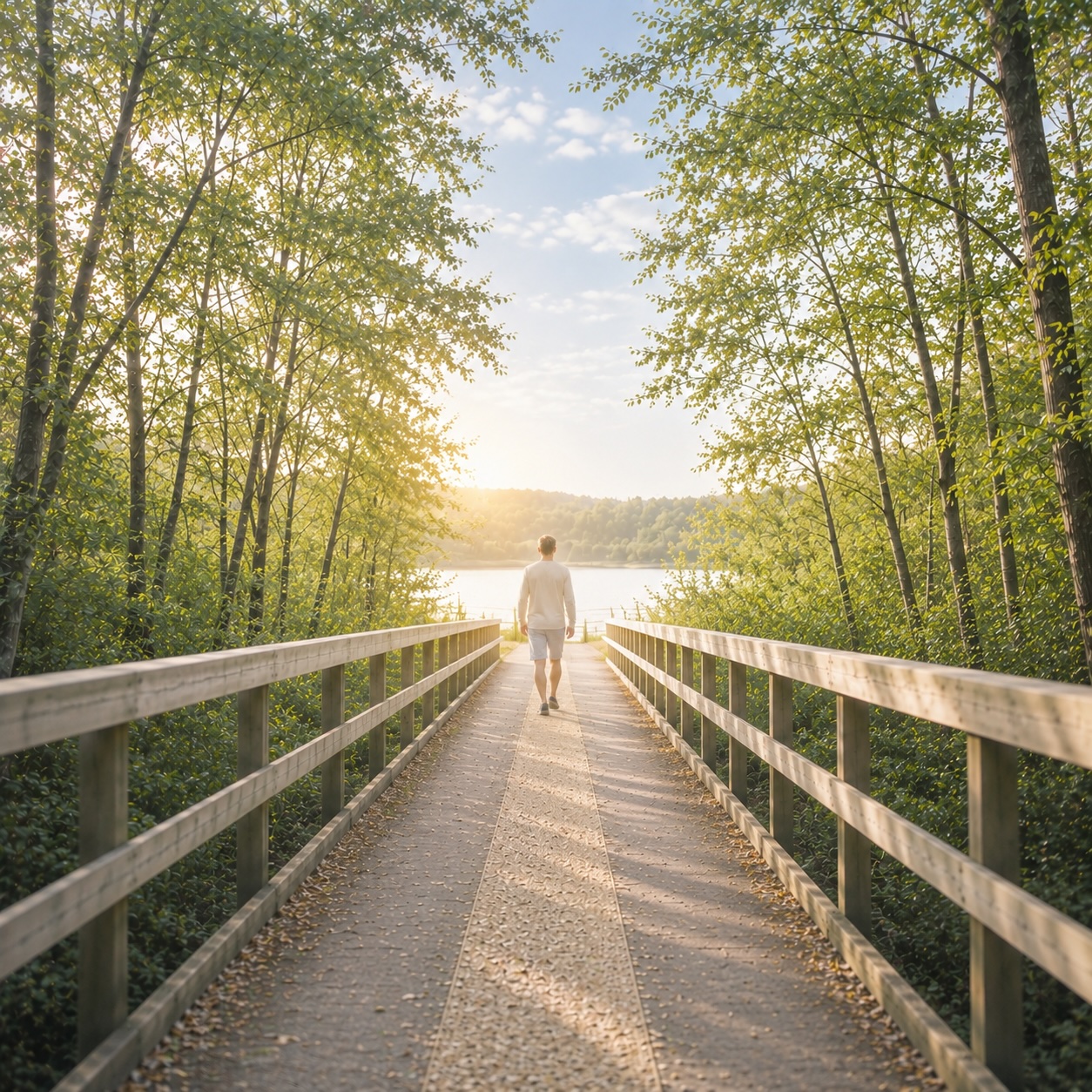 Mann geht einen hellen Holzweg durch einen ruhigen Wald als Symbol für neue Wege aus Zwängen und innere Freiheit.