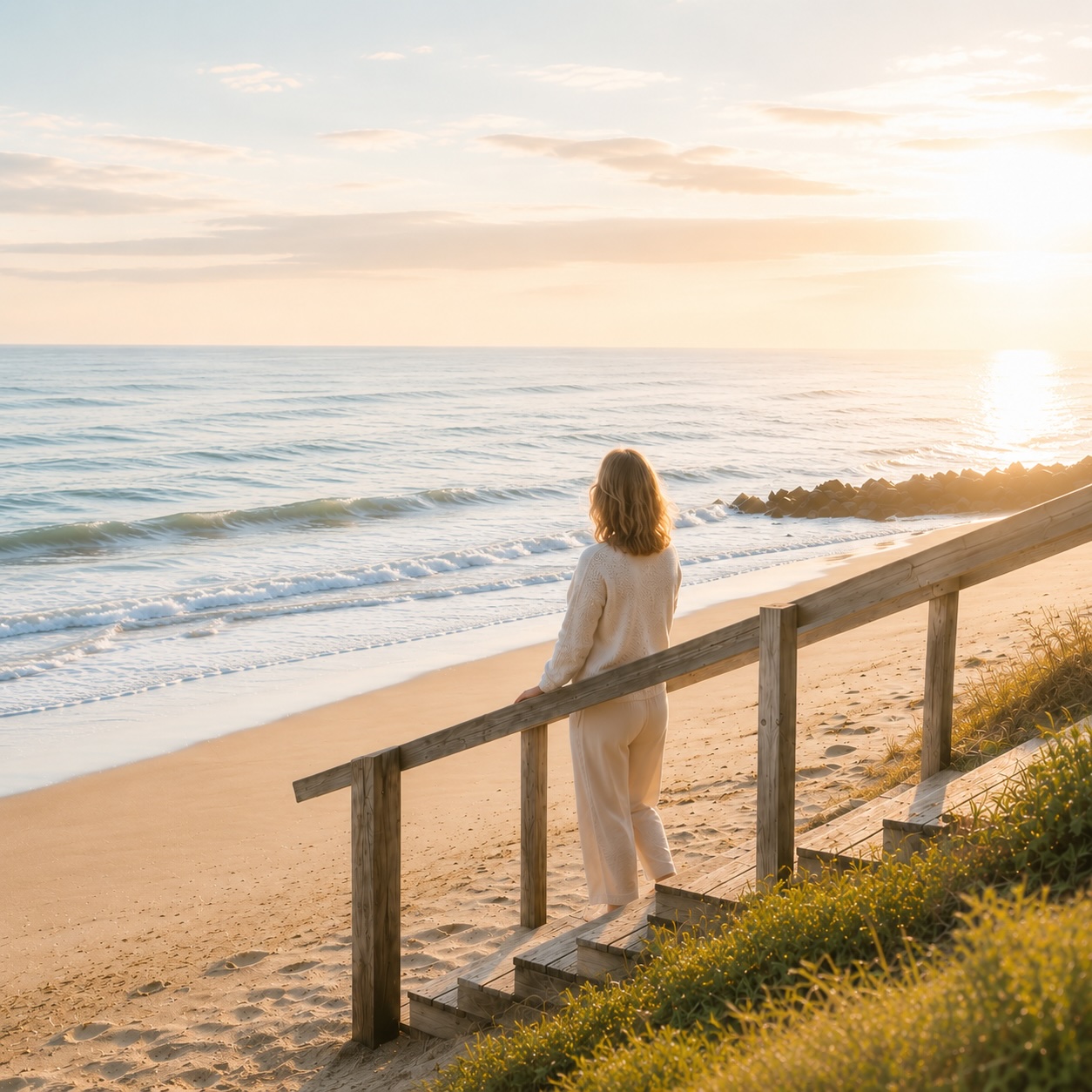 Frau blickt am Strand auf das Meer – Symbol für persönliche Weiterentwicklung, neue Perspektiven und innere Veränderung durch Hypnose im Hypnosezentrum Cuxhaven
