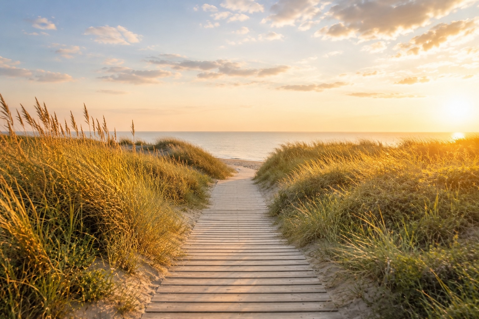 Holzsteg durch die Dünen zum Meer im goldenen Licht als Symbol für neue Perspektiven bei Depressionen.