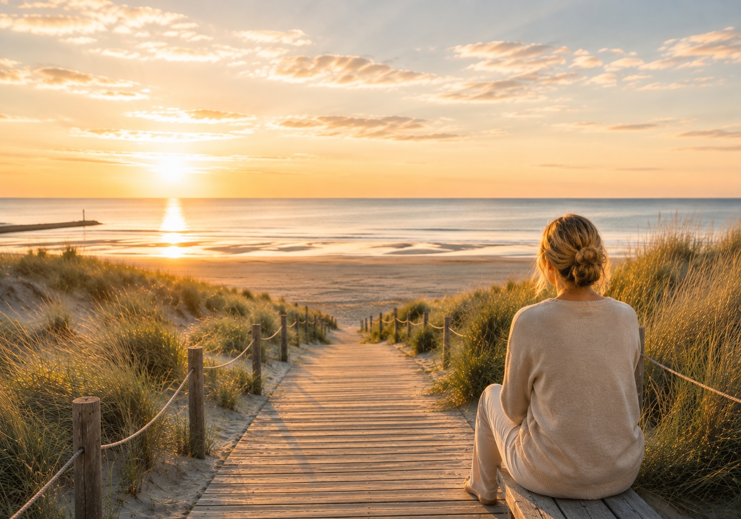 Frau blickt über einen Dünenweg auf das Meer – Symbol für innere Ruhe und neue Sicherheit bei Angst.