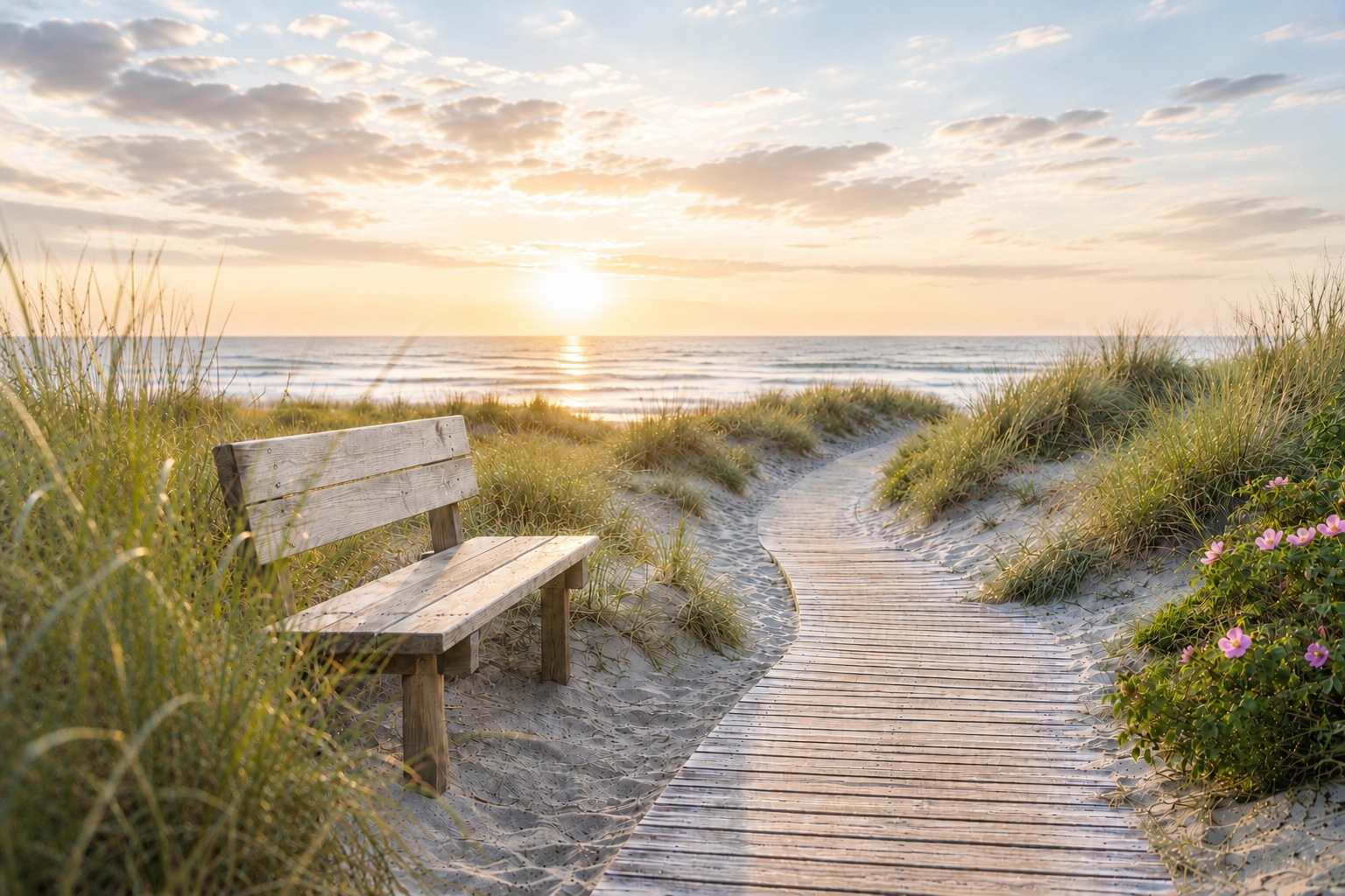 Holzweg durch helle Dünen mit Sitzbank und Blick auf das Meer als Symbol für neue Hoffnung und die behutsame Verarbeitung traumatischer Erfahrungen durch Hypnosetherapie in Cuxhaven.