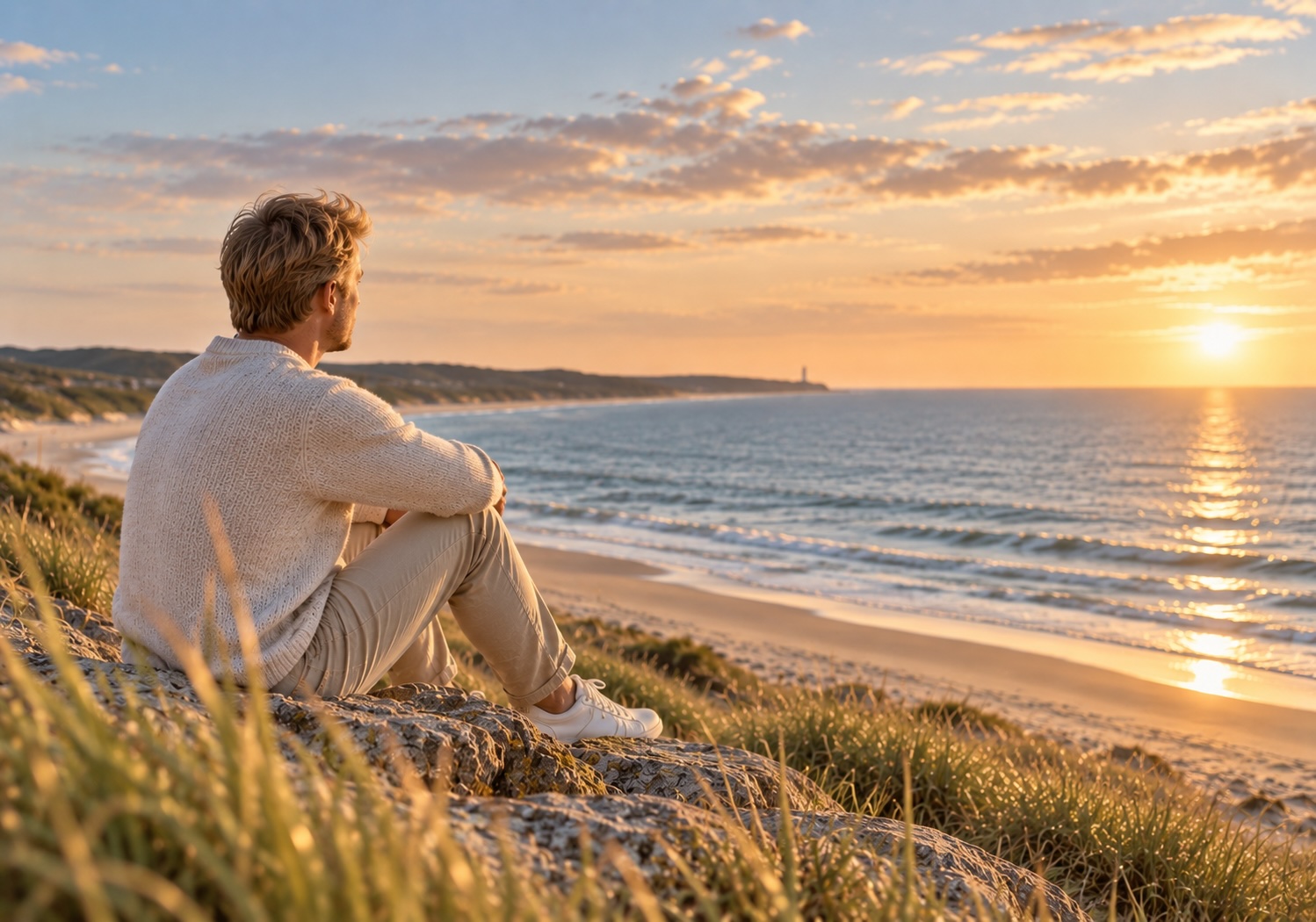 Person sitzt am Strand und blickt ruhig auf das Meer als Symbol für neue Freiheit und Hypnose bei Phobien in Cuxhaven.