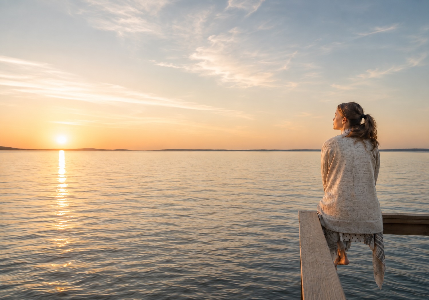 Frau sitzt auf einem Steg und blickt über das Wasser als Symbol für Hypnose bei Stress in Cuxhaven.